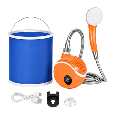AquaTrail full portable shower kit with bucket, pump, hose, charger, hook, and shower head